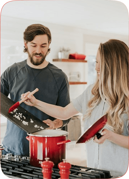 A family using GD melamine dinnerware in the kitchen
